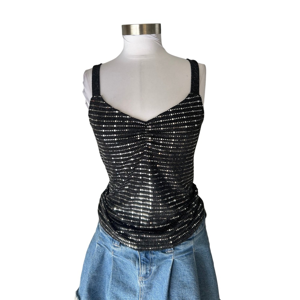 Vintage Y2K Pimkie Tank Top Black Silver Sequin Shimmer Cami M/L